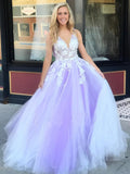 Charming Ball Gown V Neck Tulle Lace Appliques Prom Dresses, Evening STK20397