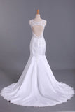 2024 Hot Wedding Dresses Mermaid V-Neck Court Train Satin With Applique Open P3F6CR7Z