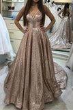 Puffy Sleeveless Sequined Court Train Prom Dress, Sparkly Sequin Evening Dresses STK15312