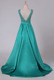 2024 Sweep Train A Line Prom Dresses V Neck Satin PX4G3QTS