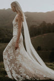 Princess Mermaid V Neck Lace Appliques Ivory Wedding Dresses, Straps V Back Wedding Gowns STK15300