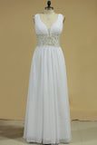 2024 Open Back V Neck With Applique And Beads A Line Chiffon Prom P83SJCF3