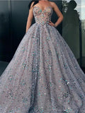 Princess Strapless Sweetheart Beads Ball Gown Rhinestone Prom Dress with Long Sparkly STK15308