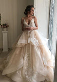 Spaghetti Straps V Neck Wedding Dresses with Layer, Sleeveless Wedding Gowns STK15424