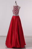 2024 Prom Dresses A Line Scoop Satin With Beading P7CH86ES