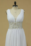 2024 Open Back V Neck With Applique And Beads A Line Chiffon Prom P83SJCF3