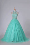 2024 Mint Ball Gown High Neck Beaded Bodice Prom Dresses Tulle Floor PN7RDZ67