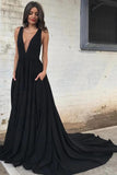 Simple Deep V Neck Black Backless Prom Dresses with Pockets, Long Formal Dresses STK15390