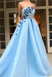 Unique A Line Blue Strapless Tulle Prom Dresses with Butterfly, Pockets Formal Dresses STK15449