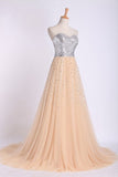 2024 Sweetheart A Line Sweep Train Prom Dresses Tulle PCEN2XJL