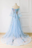 Light Blue Off the Shoulder Half Sleeve Prom Dresses, Sweetheart Evening Dress STK15238