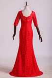 2024 Bateau Mid-Length Sleeve Prom Dresses Sheath Lace Floor Length