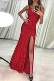 Sexy Sequins Sheath V Neck Prom Dresses With Split, Long Evening Dresses STK15353