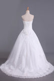 2024 Hot Wedding Dresses A Line Strapless Tulle With Applique Court P8AFC3HS