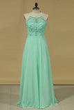 2024 A Line Prom Dresses Spaghetti Straps Beaded Bodice PQGHF7EC