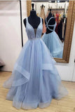 Elegant Ball Gown Lavender V Neck Prom Dresses Tulle Criss Cross Straps Dance Dresses STK15157