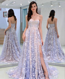 Charming Sweetheart Strapless Lace Appliques Lilac Prom Dresses with STK20404