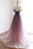 A Line Off the Shoulder Tulle Long Prom Dresses, Lace up Simple Party Dresses STK15008