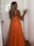 A Line V Neck Backless Lace Appliques Formal Dresses Orange Prom Dresses