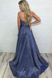 Unique High Slit Deep V Neck Sparkly Halter Prom Dresses Spaghetti Straps Formal Dresses STK15458