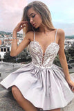 A Line Spaghetti Strap V Neck Silver Lace Appliques Satin Mini Homecoming Dresses