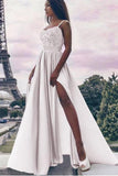 A Line Spaghetti Straps High Slit Sweetheart Chiffon Lace Appliques Prom Dresses