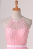 2024 Floor Length Halter Ruched Bodice A Line Tulle Bridesmaid P328JGTG