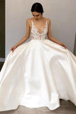 Simple A-Line Deep V Neck Satin Ivory Wedding Dress with Lace Appliques STK15387