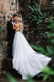 Elegant A Line Illusion Beads V Neck Tulle Long Backless Wedding Dresses, Prom Dresses STK15510