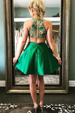 Cute A Line Halter Satin Green Open Back Short Homecoming Dresses with Beads