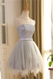 Cute A Line Sleeveless Scoop Short Silver Lace up Tulle Homecoming Dresses with Bowknot