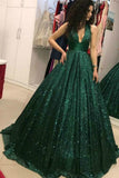 A-Line V-Neck Open Back Dark Green Sequin Luxury Lace up Long Prom Dresses