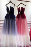 A Line Ombre Blue Tulle Long Prom Dress Unique New Style Strapless Evening Dress