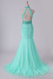 2024 High Neck Mermaid Prom Dresses Beaded Bodice Open Back P29N5PLS