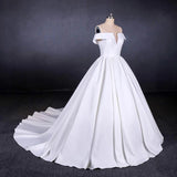 Ball Gown Off the Shoulder White Satin Wedding Dresses, Simple Cheap Wedding Gowns STK15065