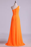 2024 One Shouder Column Evening Dresses Chiffon With Beads With Ruffles