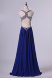 2024 Prom Dresses Halter Open Back A Line Chiffon With Rhinestone Dark Royal PXJBZNNT