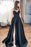 Black Spaghetti Straps Split Long Satin Prom Dress A Line Simple Long Formal STKP5G4JRHJ