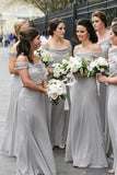 A Line Off the Shoulder Grey Chiffon Cheap Long Prom Dresses Bridesmaid Dresses