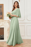 Half Sleeves V-neck Chiffon Bridesmaid Dresses