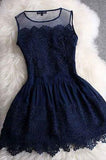 A-line Princess Mini Blue Scoop Sweet Sleeveless Crew Homecoming Dresses with Lace