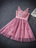 A Line Tulle Lace Appliques Lace up V Neck Pink Short Prom Dresses Homecoming Dresses