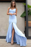 Elegant Mermaid Scoop Backless Blue Satin Sweetheart Slit Prom Dresses with Split