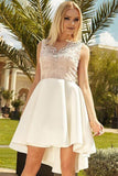 Cute Mini A Line Ivory High Low V Neck Lace Appliques Satin Homecoming Dresses