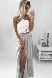 Elegant A-Line Elastic Satin Spaghetti Straps Backless Long Grey Prom Dresses with Split