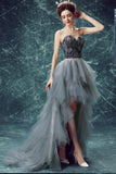 Elegant High Low Strapless Sweetheart Feathers Tulle Gray Prom Dresses with Lace STK15643