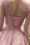 2024 Bateau A-Line Lace Prom Dresses Tea Length With Applique P9BM3T4D