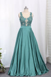 2024 Prom Dresses A Line Scoop With Applique Satin PFR6B5E7