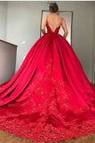 2024 Ball Gown Spaghetti Straps Court Train Satin With Applique Lace PGXGGDZG