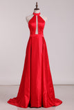 New Arrival Halter A Line Evening Dresses Satin Sweep STKPXRSZSBM